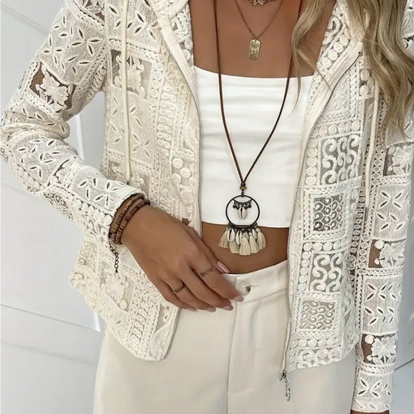 Elegant Cream Crochet Hoodie Jacket - Picture 4 of 8